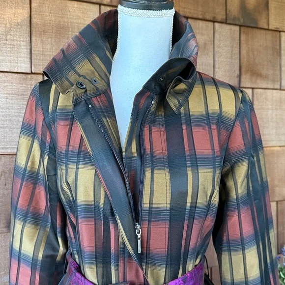 Samuel Dong Classic Bubble Dress Trench Coat in Plaid Floral Brocade  Small - Picture 9 of 11